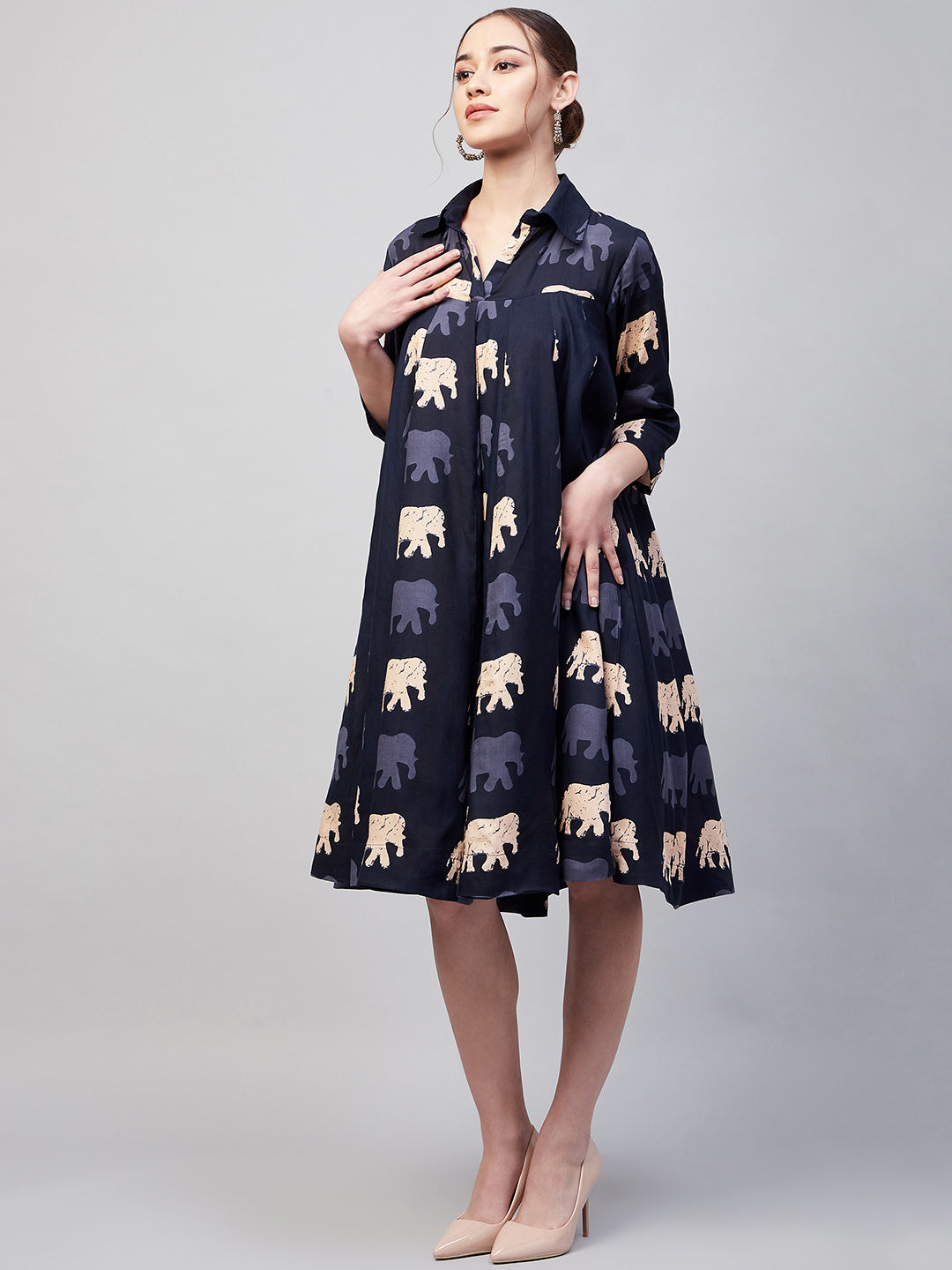 Blue Elephant Print Flared Dress