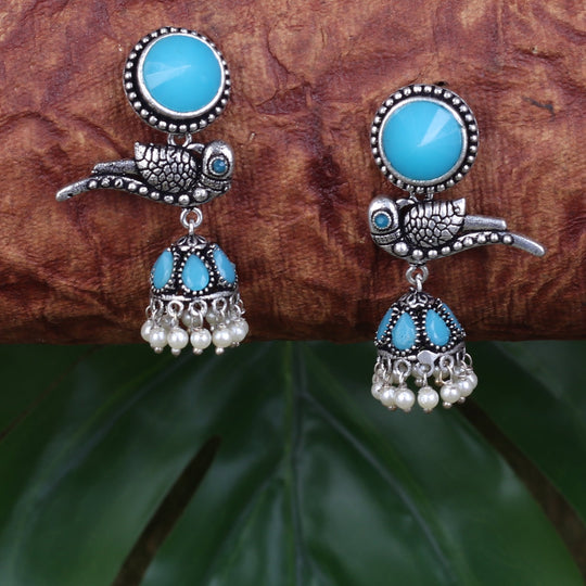 Oxidised Bird Jhumkas In Blue