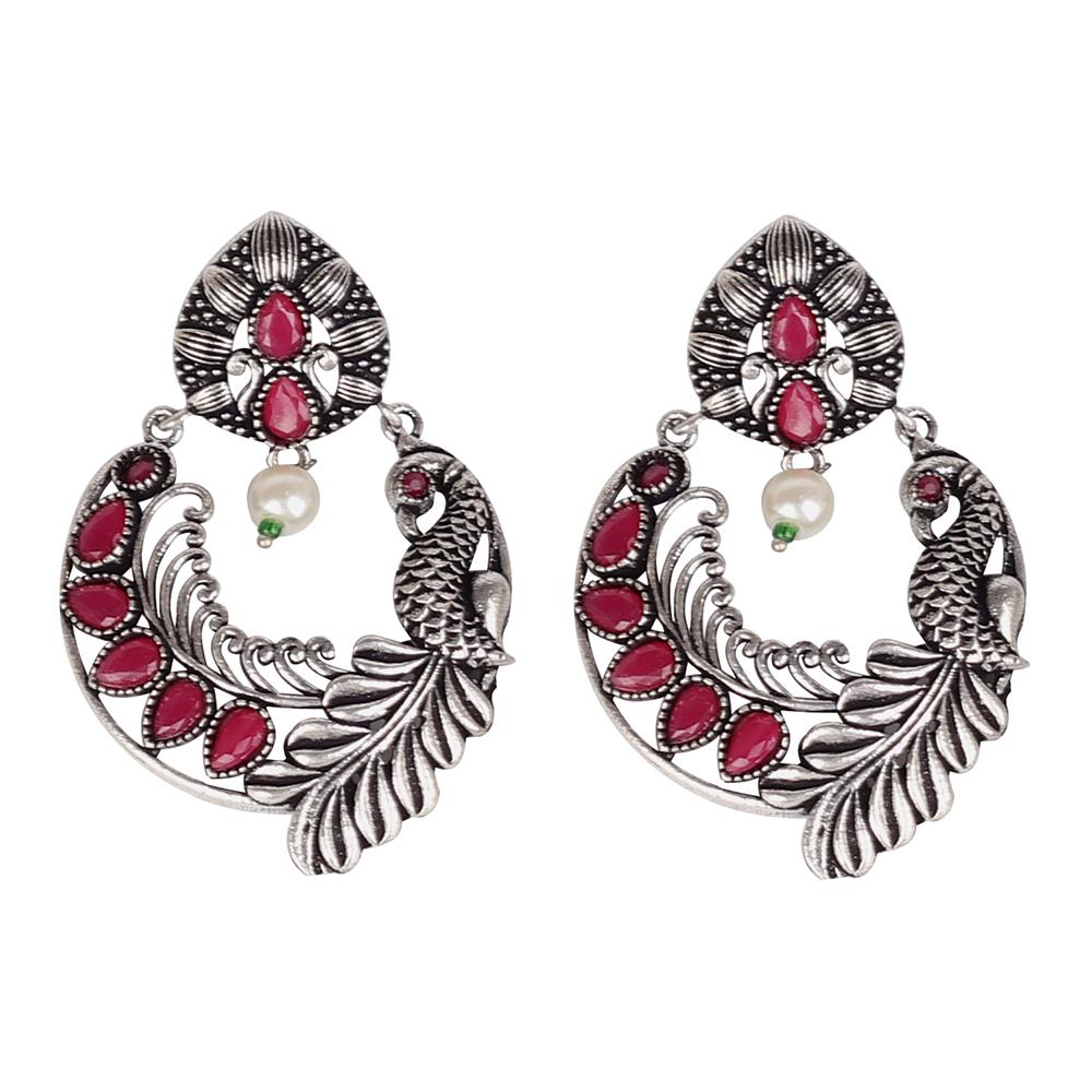 Bird Motif German Silver Earrings With Red Stones
