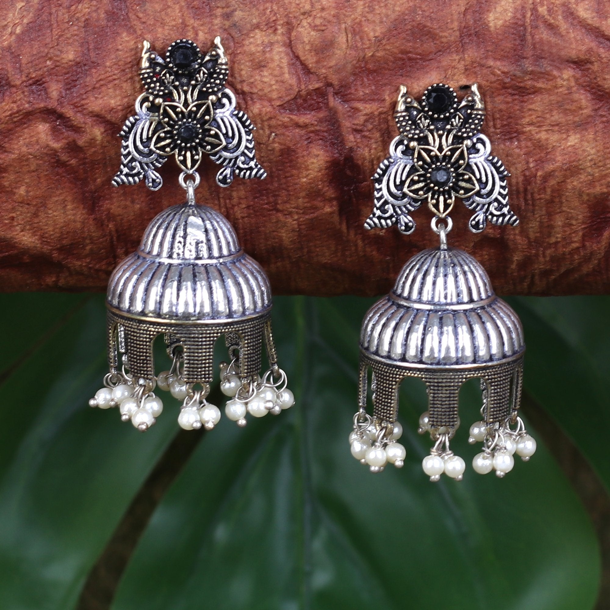 Oxidised Silver With Gold Jhumkas