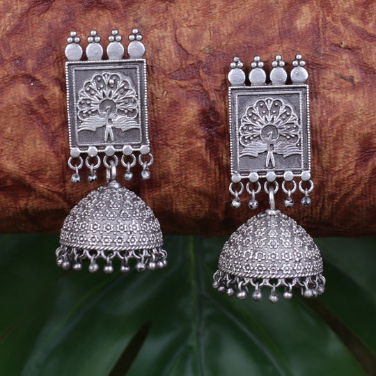 Oxidised Jhumkas With Peacock Motif