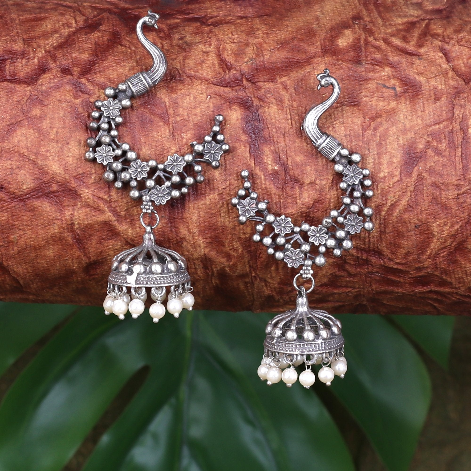 Oxidised Mayura Earings With White Beads