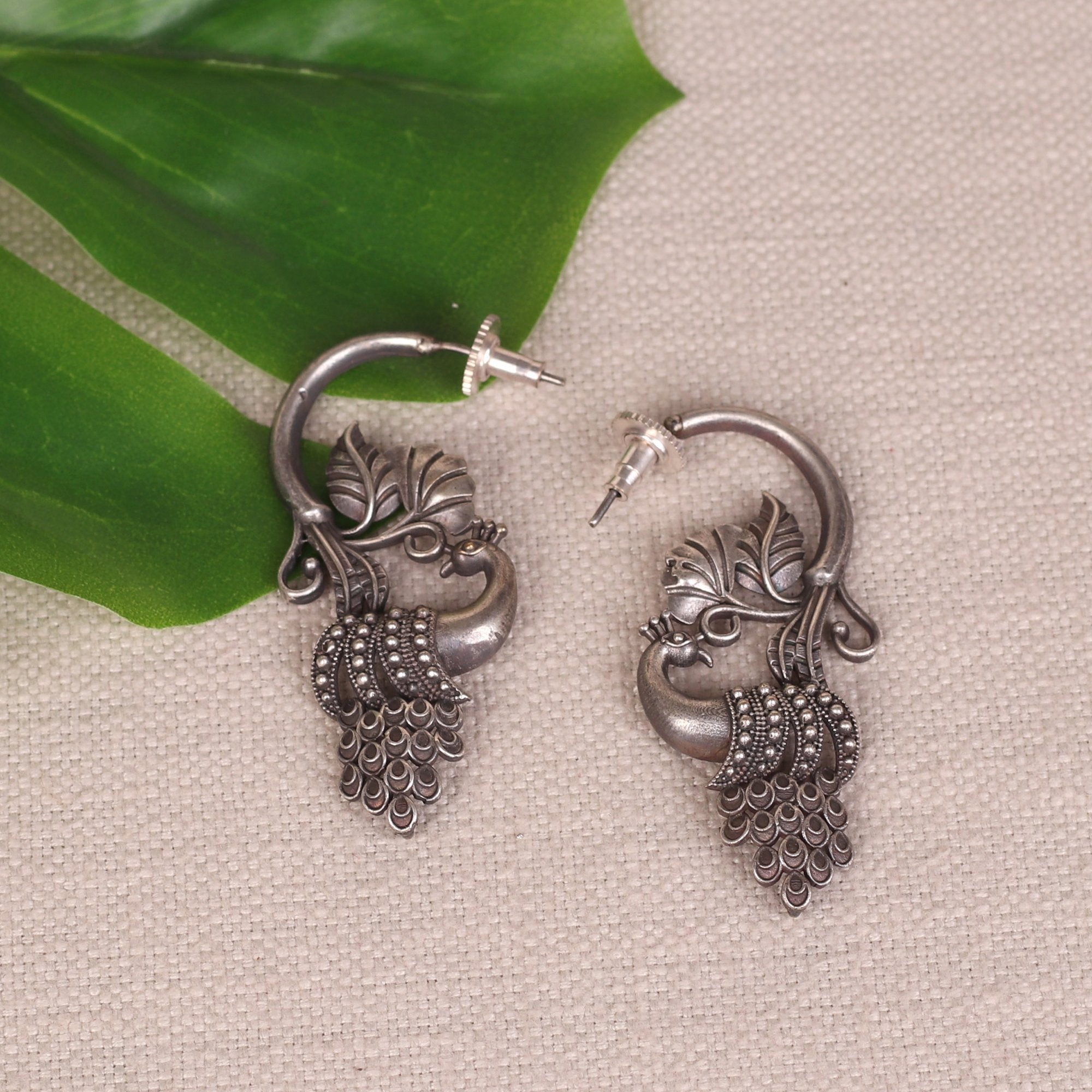 Oxidised Silver Peacock Earrings