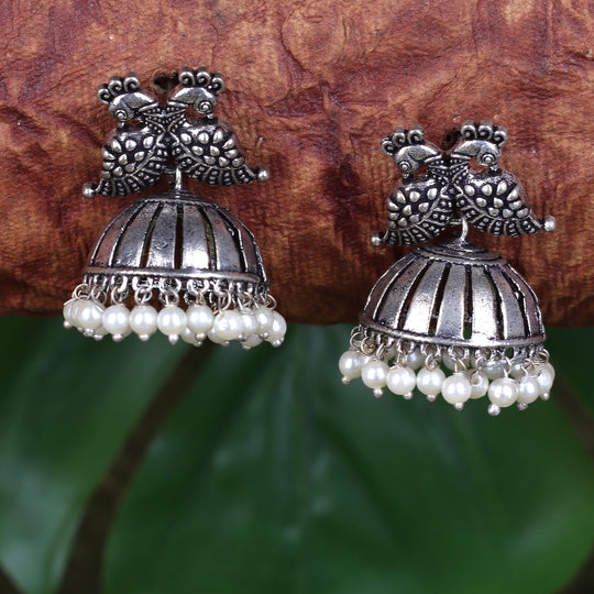 Twin Bird Jhumkas In German Silver