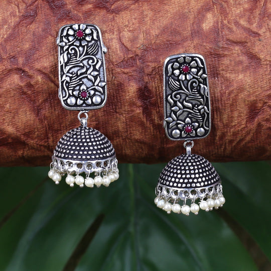 Floral Motif Oxidised Jhumkas