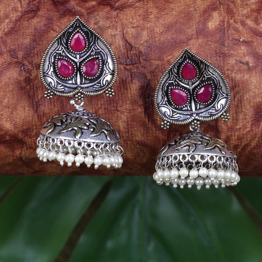 Stones In Spade Jhumkas In German Silver