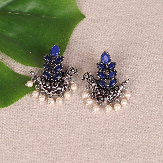 Oxidised Bird Earings With Blue Stones