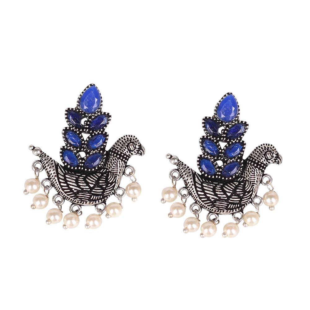 Oxidised Bird Earings With Blue Stones