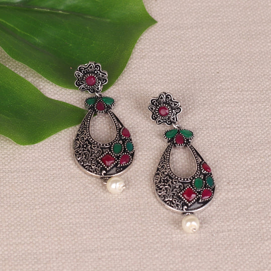 Stone Studded Oxidised Earings In Red & Green
