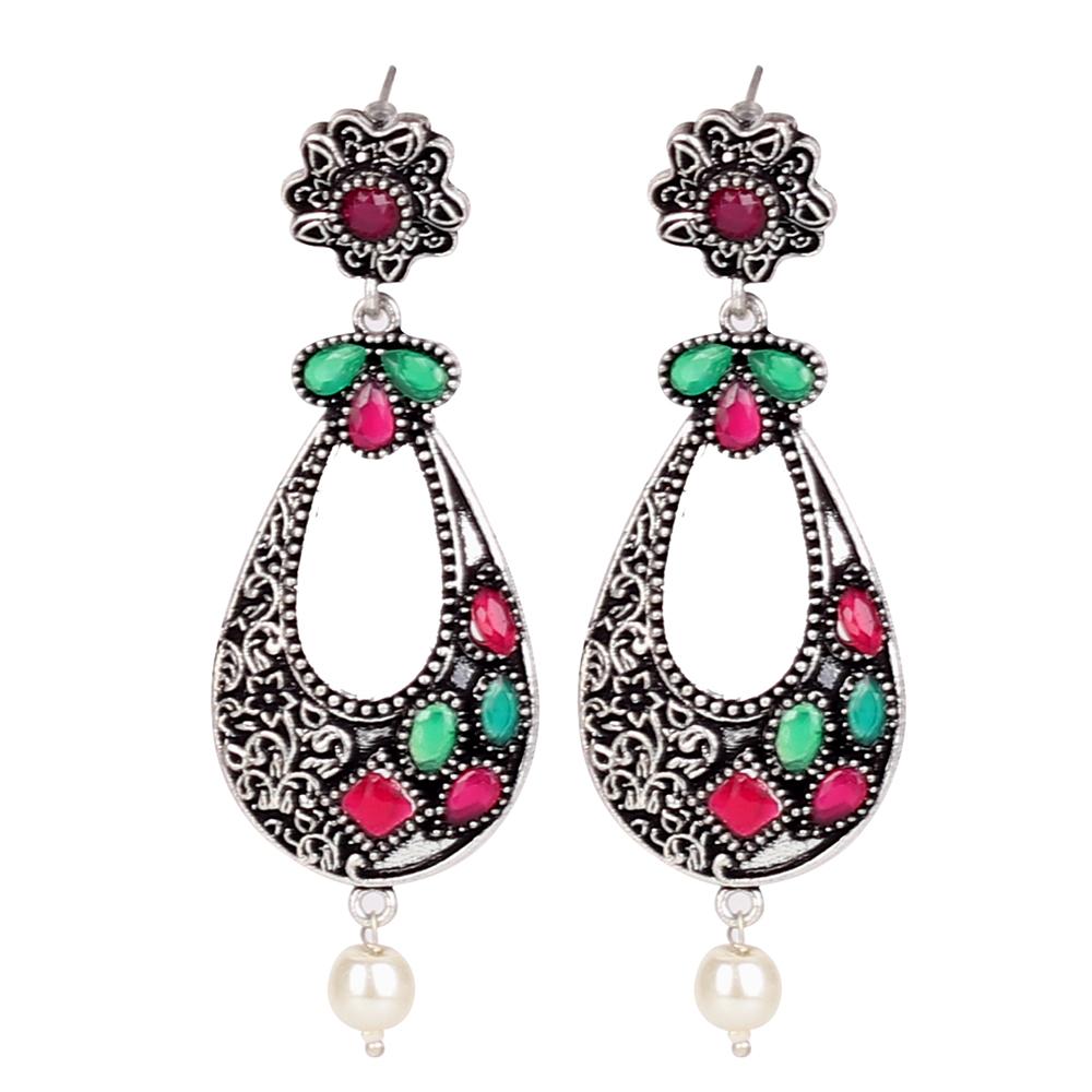 Stone Studded Oxidised Earings In Red & Green