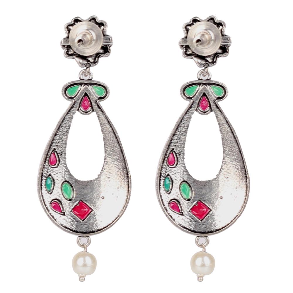 Stone Studded Oxidised Earings In Red & Green