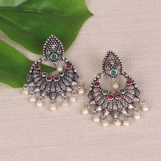 German Silver Oxidised Earrings With Multicolor Stones