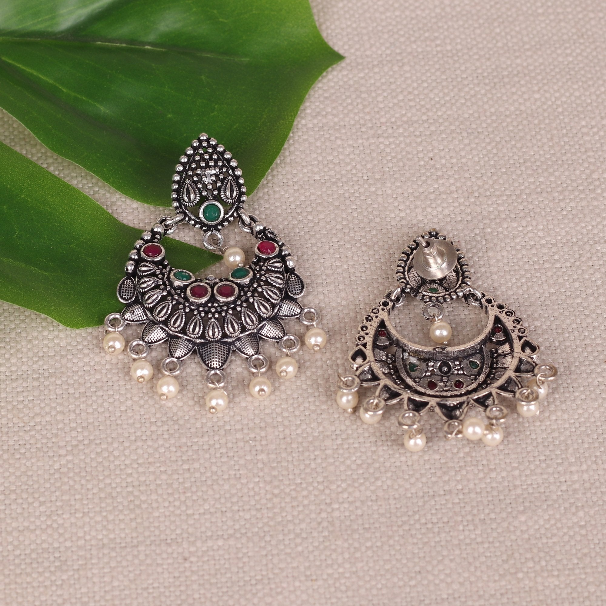 German Silver Oxidised Earrings With Multicolor Stones