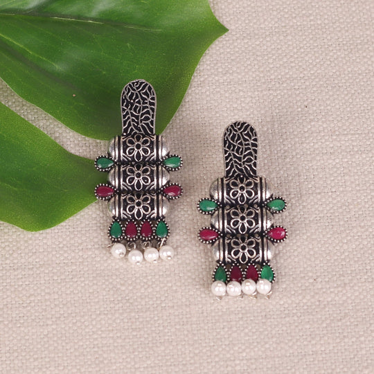 Oxidised Stone Work Earings With Delicate Work