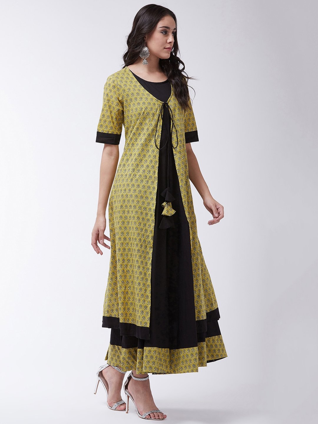 Black Anarkali Dress With Yellow Floral Print Jacket