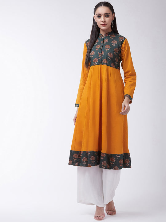 Printed Anarkali Kurta - Green - Mustard