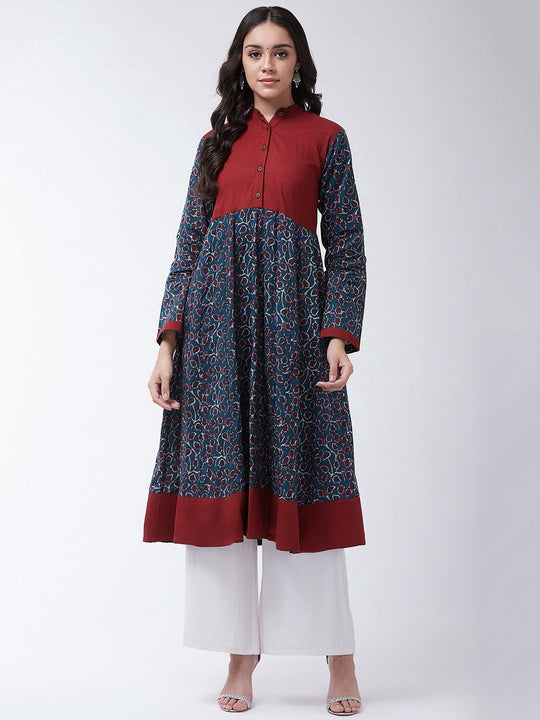 Printed Anarkali Kurta - Indigo & Maroon