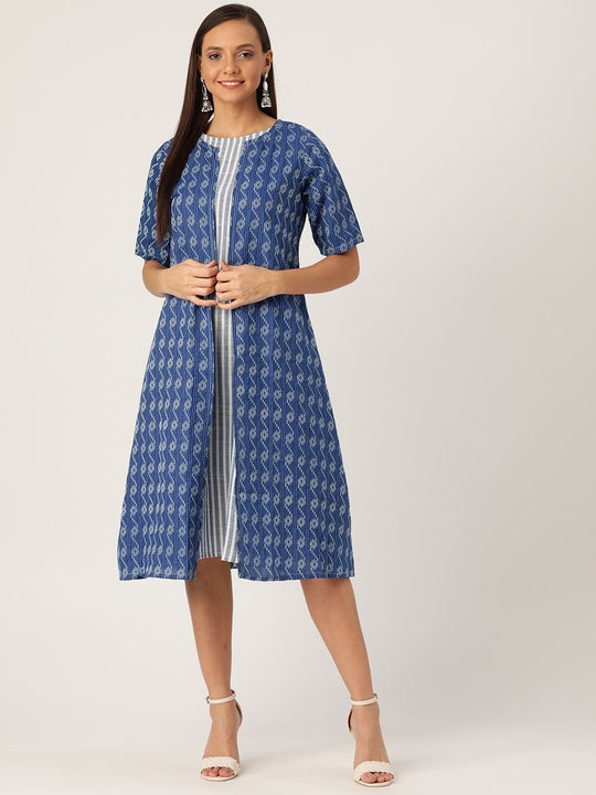 BLUE KANTHA DRESS WITH SHRUG