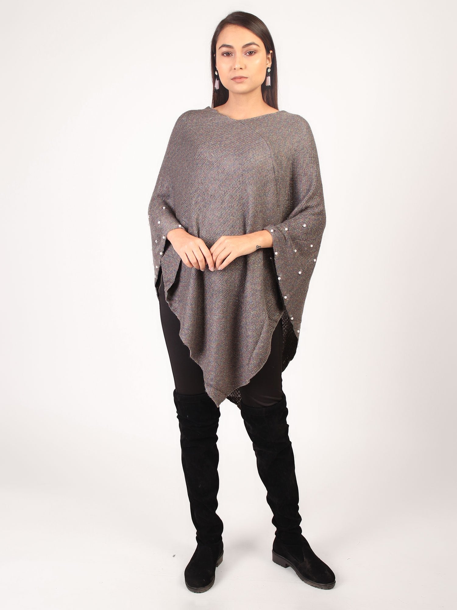 Poncho With Pearl  Grey
