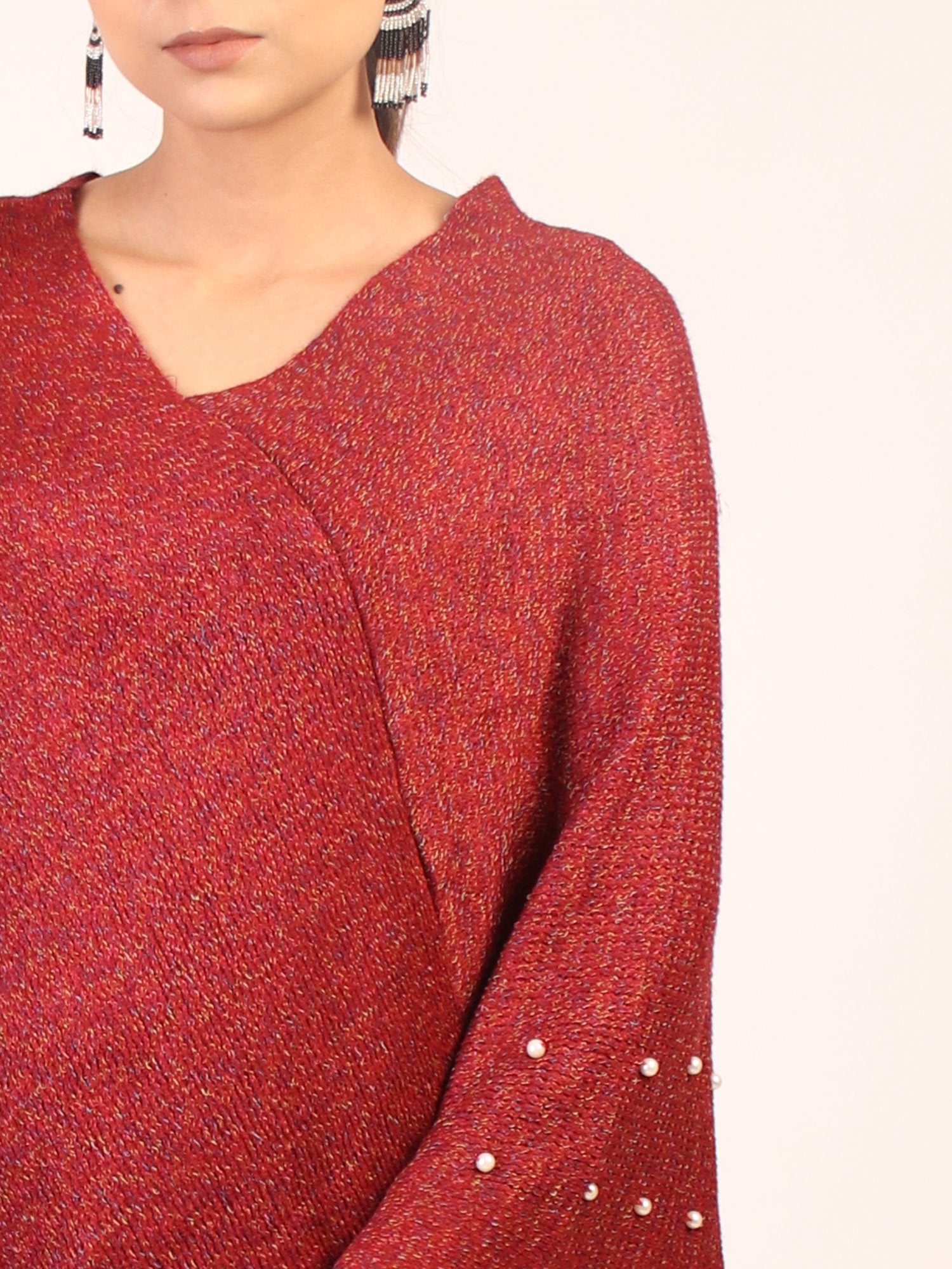Poncho With Pearl  Maroon