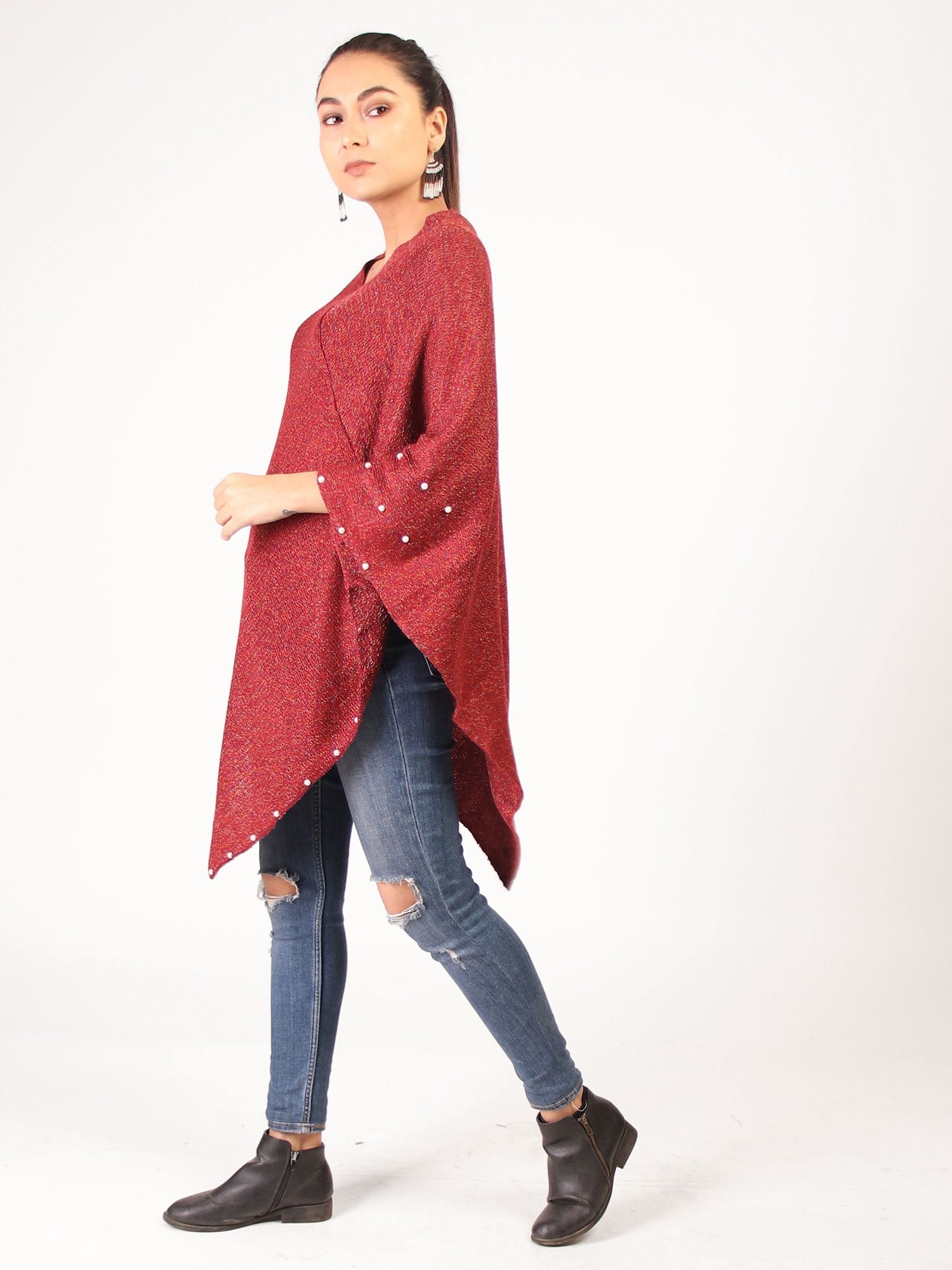 Poncho With Pearl  Maroon