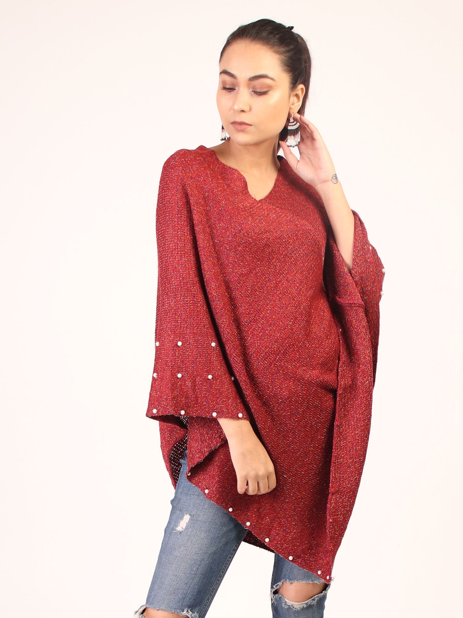 Poncho With Pearl  Maroon