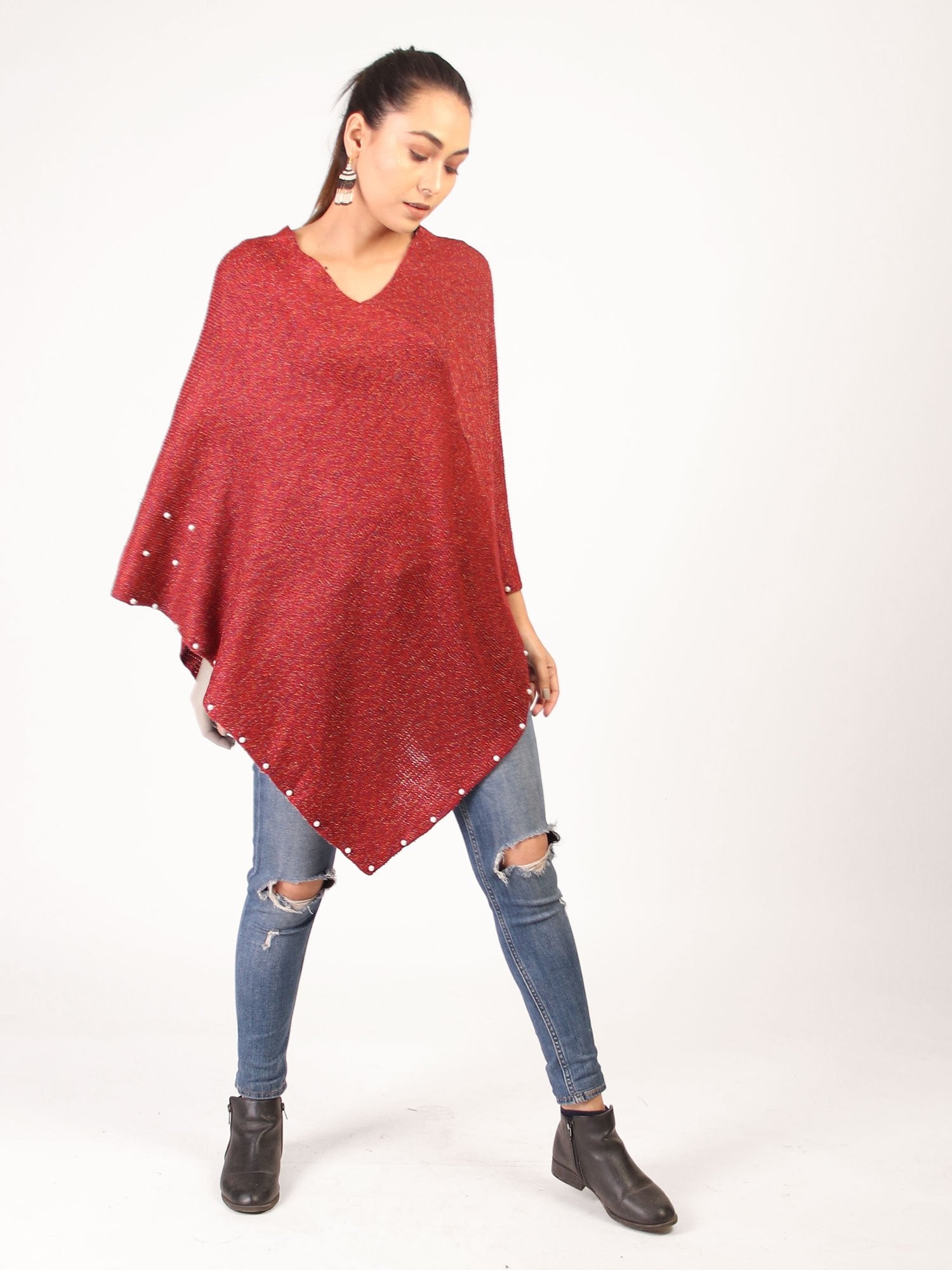 Poncho With Pearl  Maroon