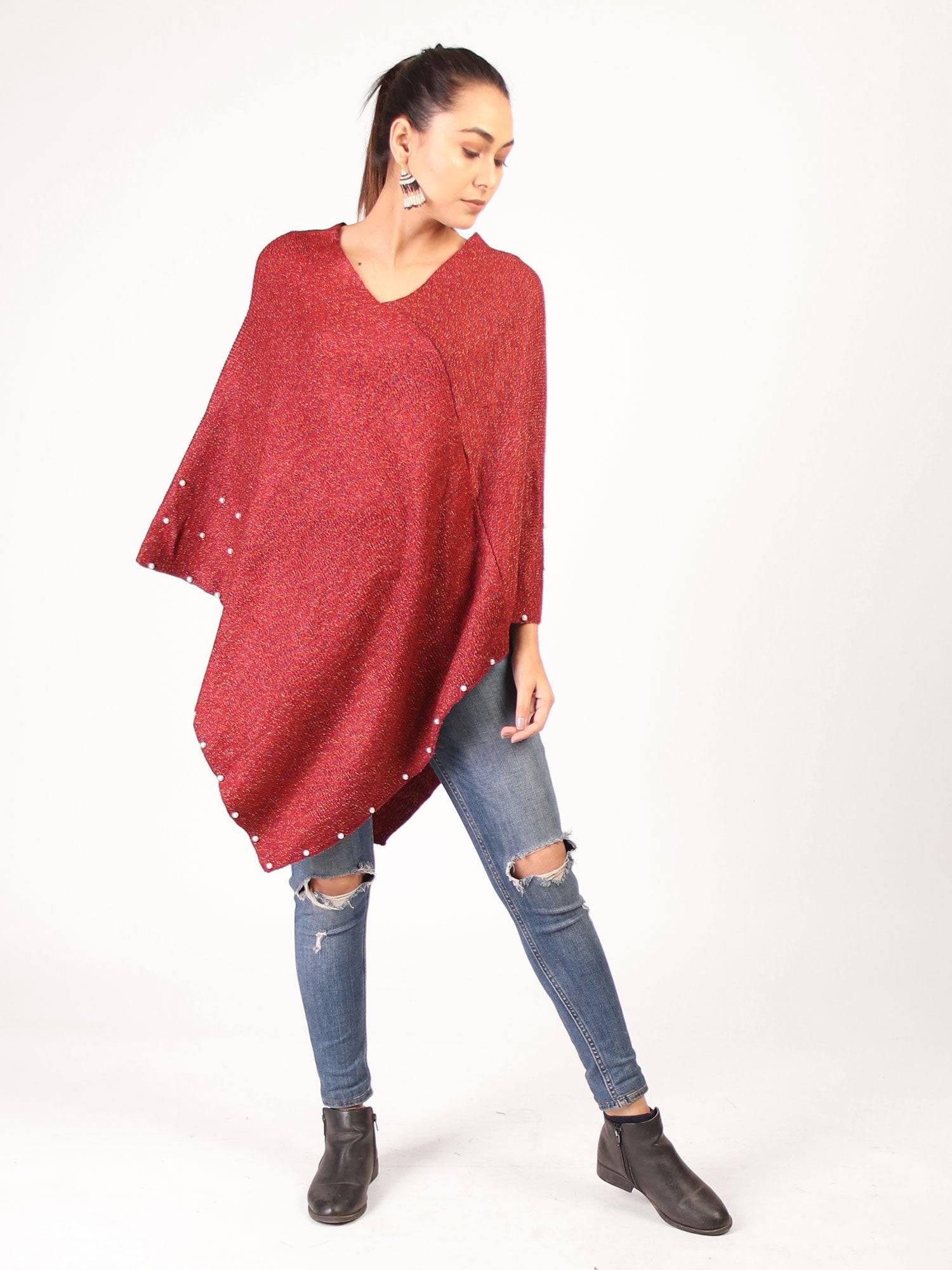 Poncho With Pearl  Maroon