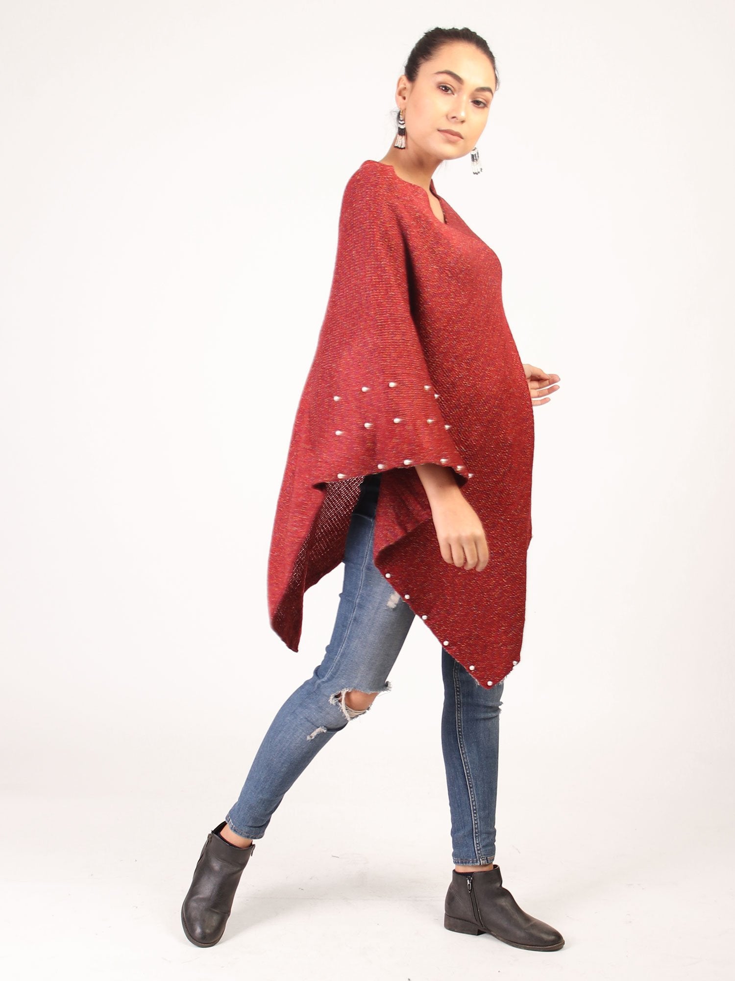 Poncho With Pearl  Maroon