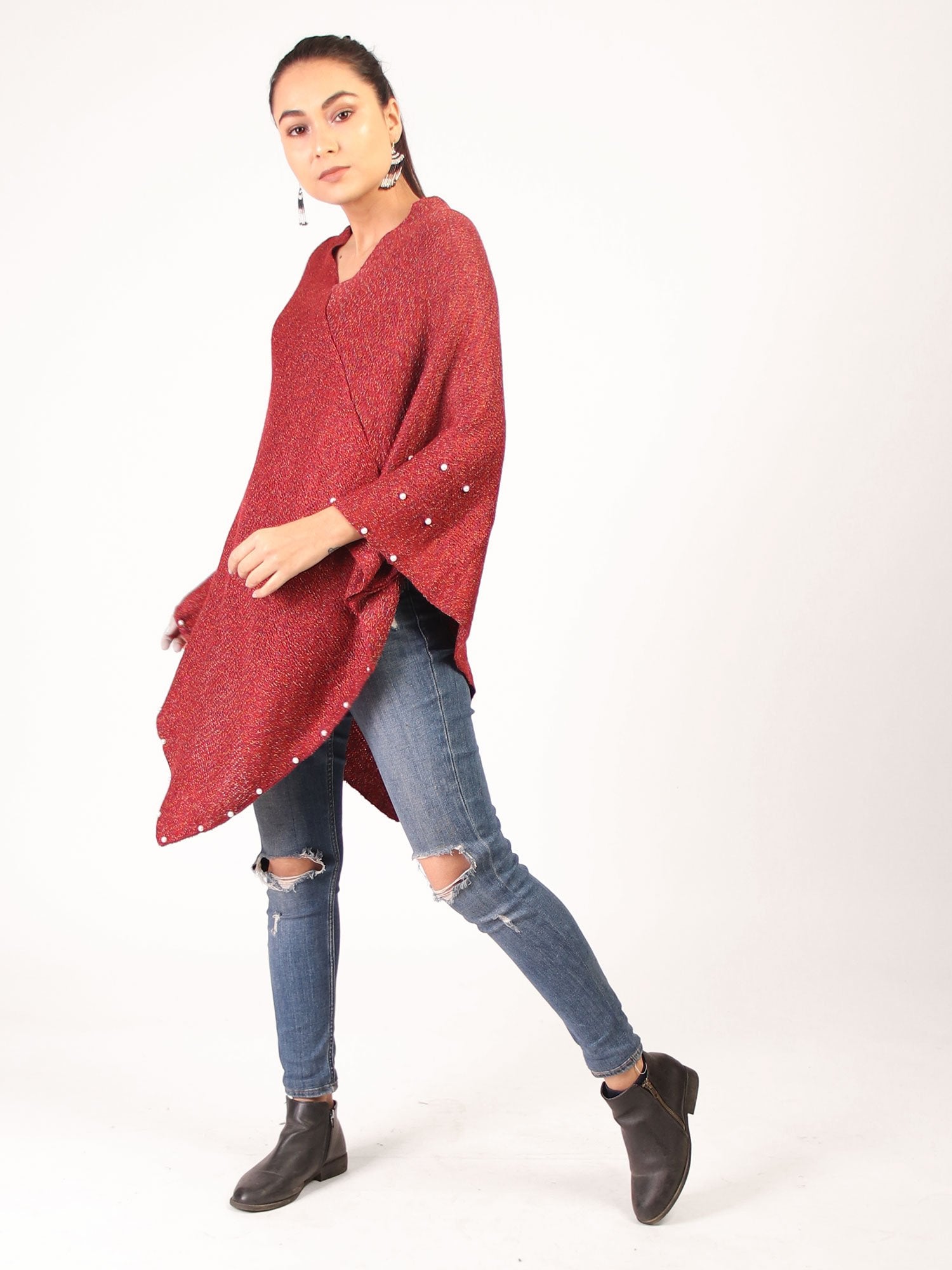 Poncho With Pearl  Maroon
