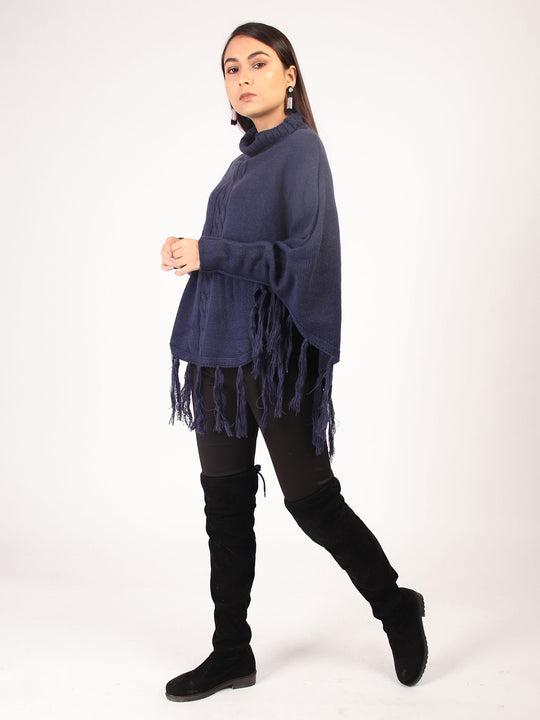 Poncho With Tasssles Navy Blue