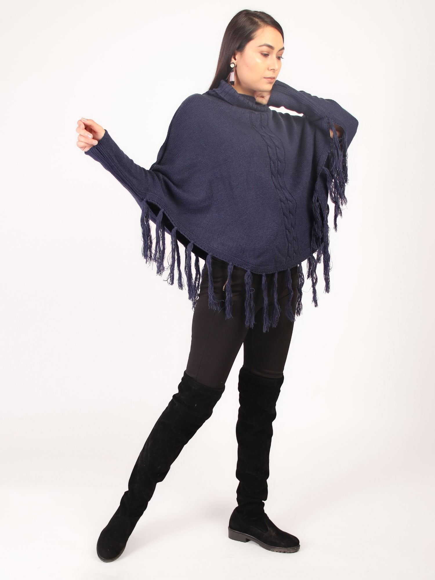 Poncho With Tasssles Navy Blue