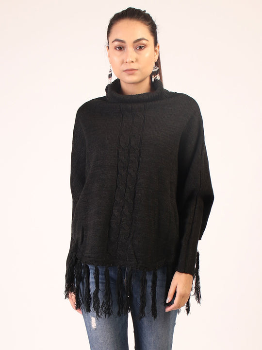 Poncho With Tasssles Black