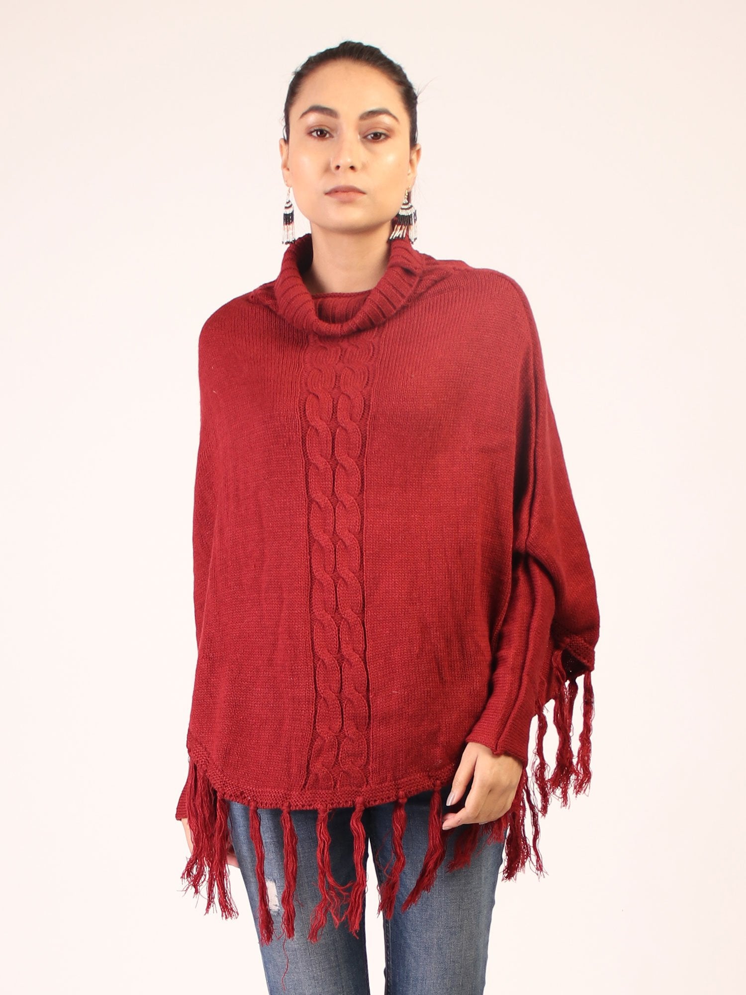 Poncho With Tasssles Maroon