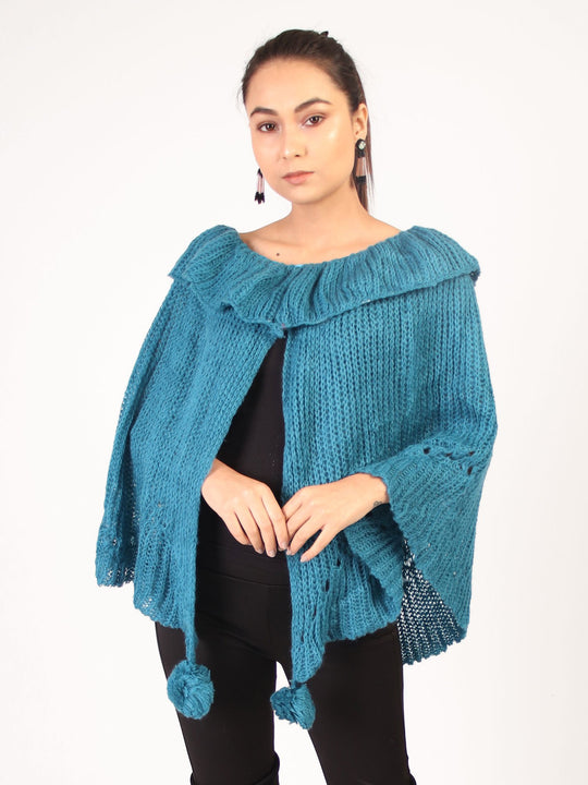 Cape Shrug With Pom Pom  Blue