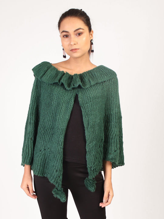 Cape Shrug With Pom Pom  Green