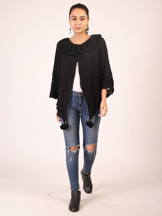 Cape Shrug With Pom Pom  Black