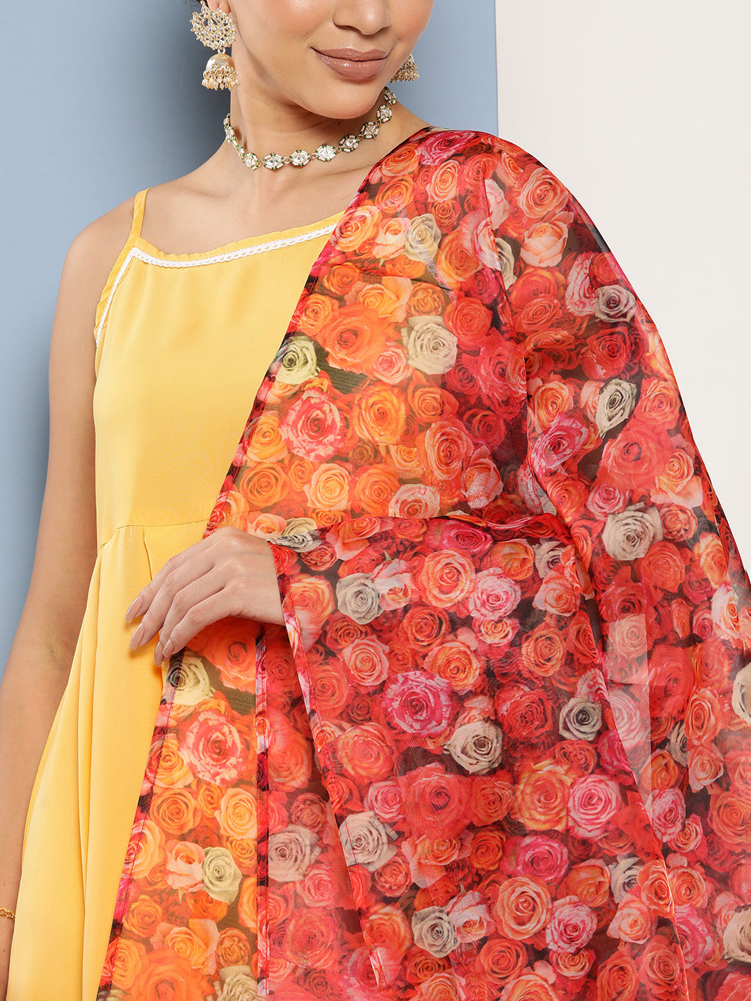 Cassatta Yellow Cr Strappy Set With Rose Print Dupatta