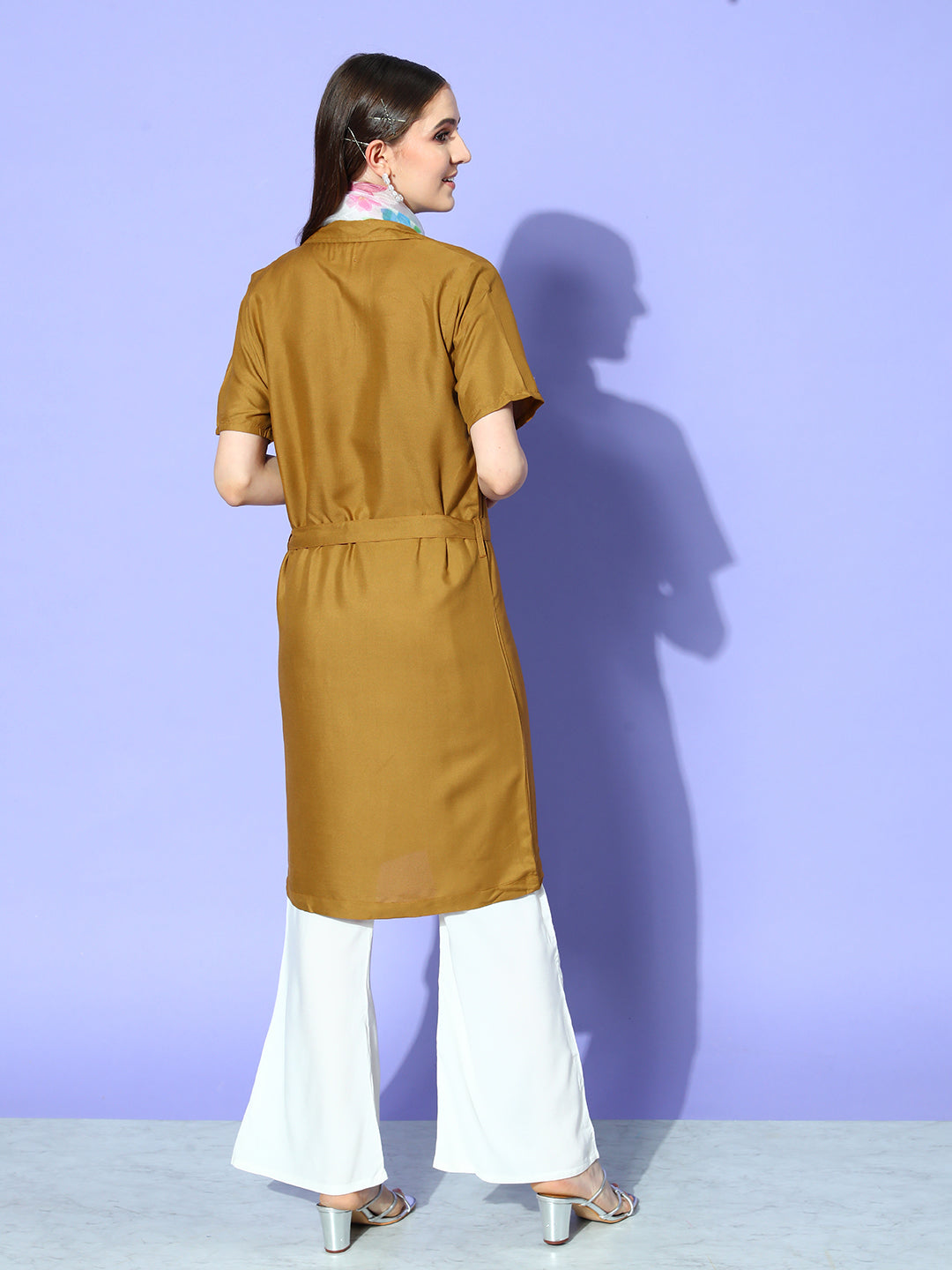CAMEL BROWN CREAM PANT COORD SET WITH WHITE BUTTERFLY SCARF