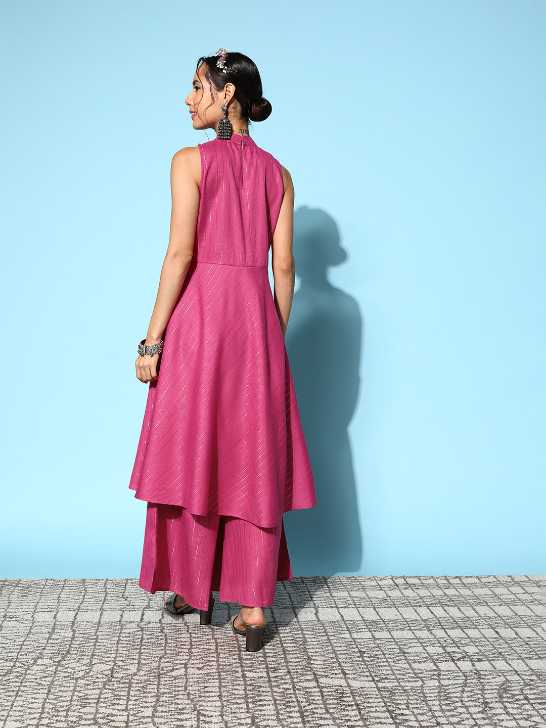 Pink Lurex Boho Sleevless Kurta Set