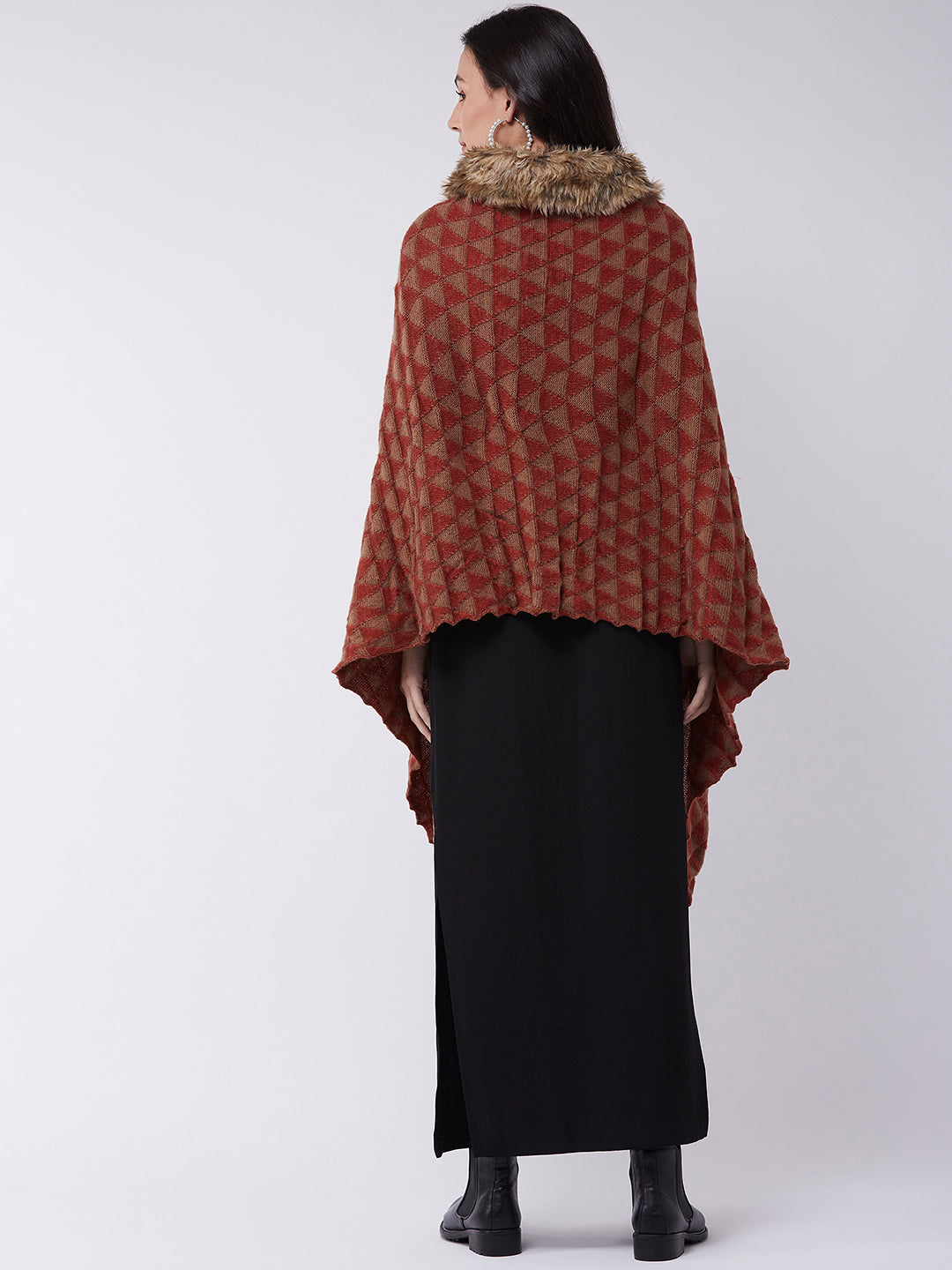 Red Geometric Faux Fur Cape