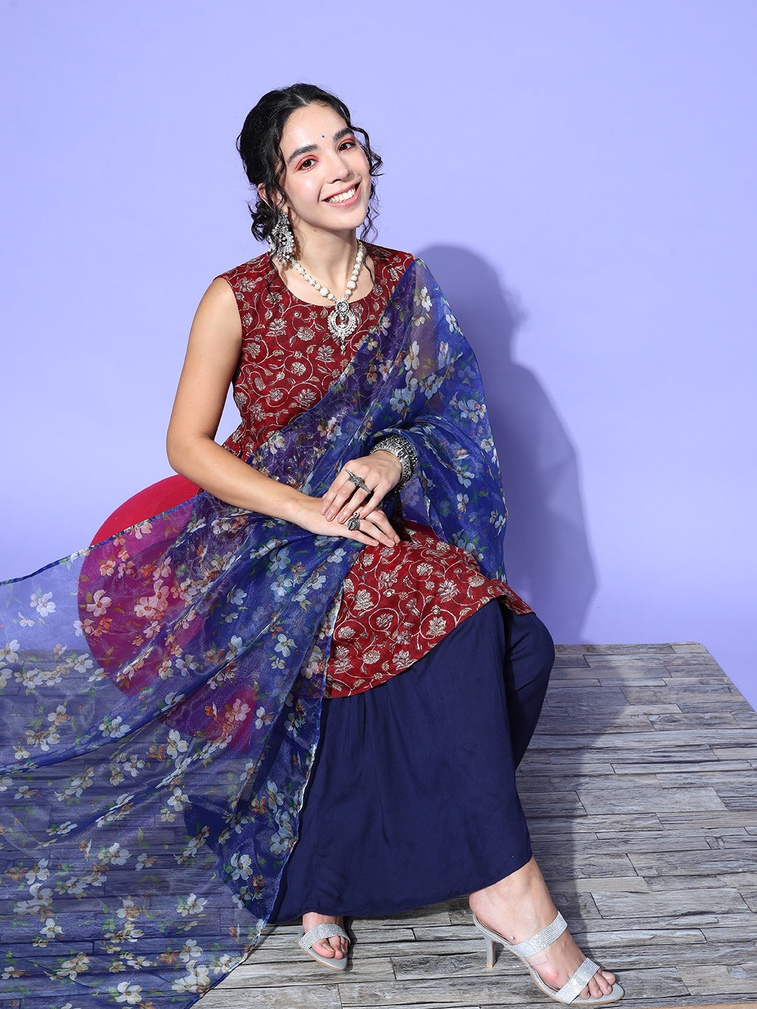 Burgundy Printed Kurta Sharara Set With Blue Organza Dupatta