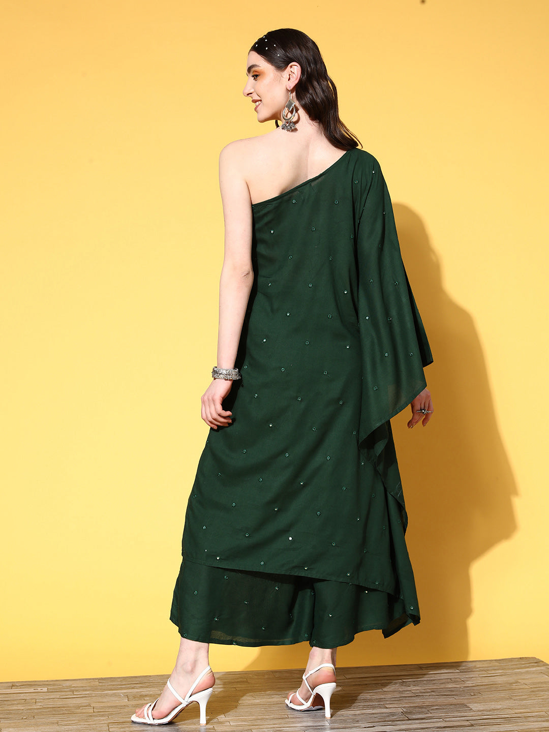Green Mirror Work One Shoulder Kurta Set