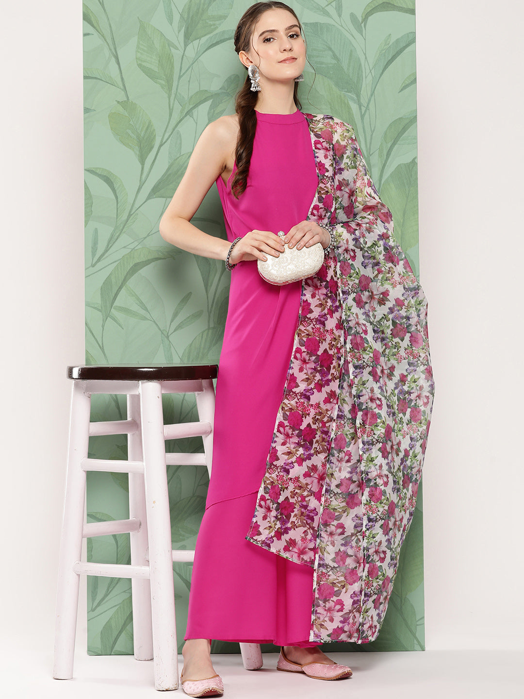 Magenta Pleated Halter Kurta Palazzo Set W White Pink Or Dupatta