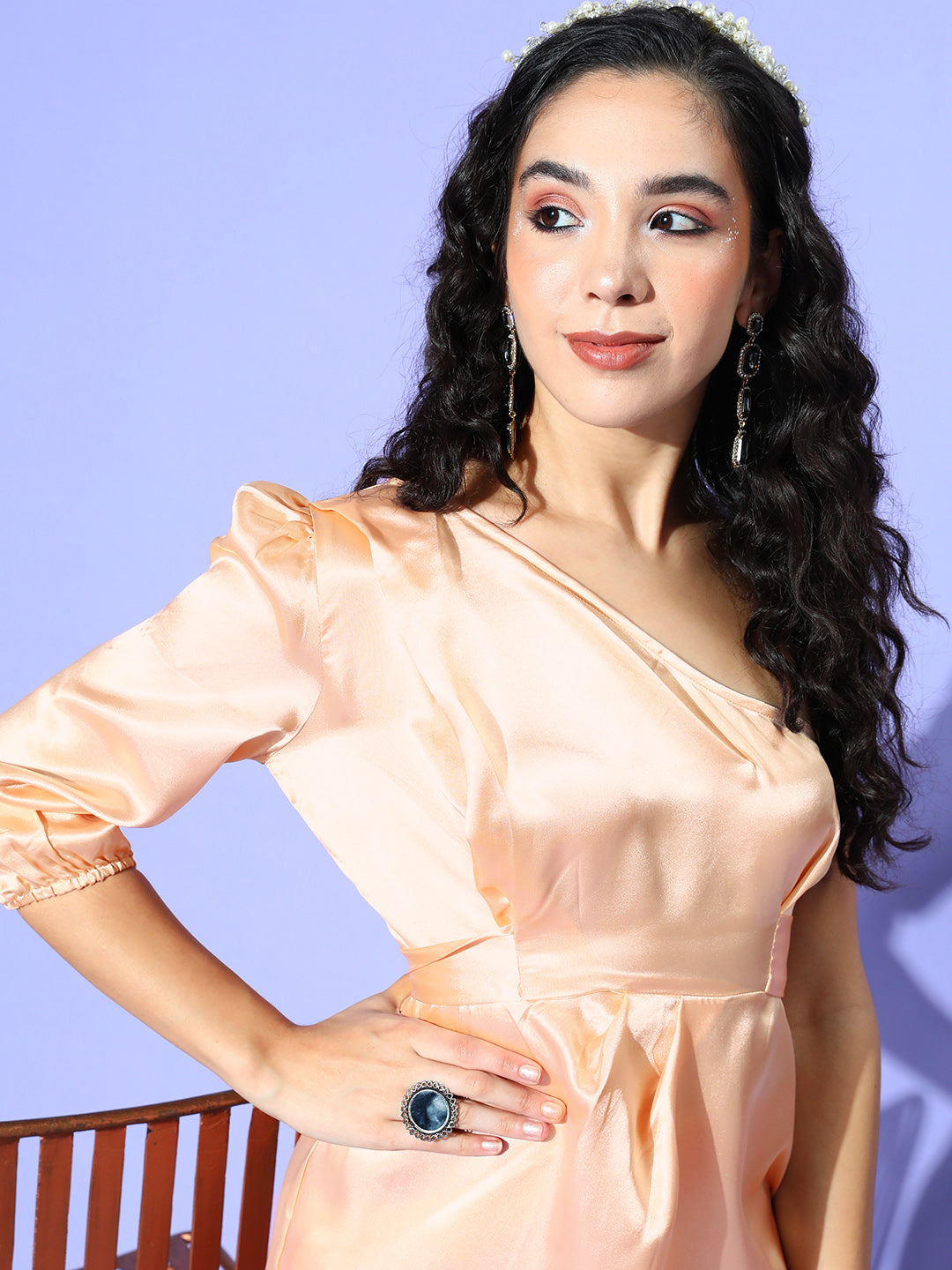 One Shoulder Satin Top In Peach Colour