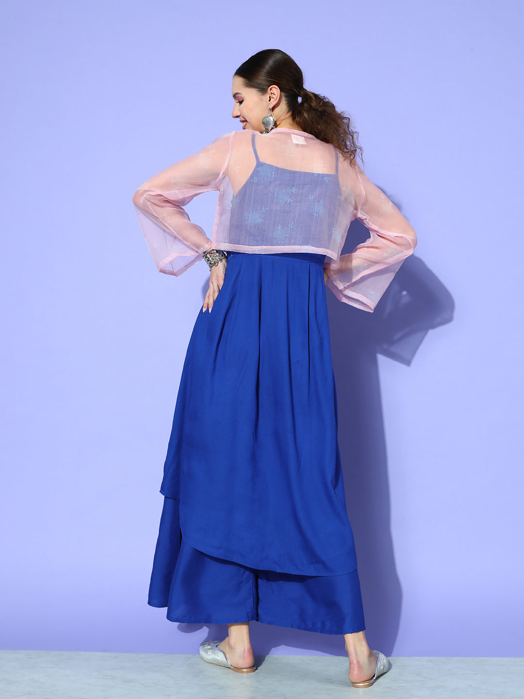 INK BLUE STRAPPY SET WITH PINK CHINTZ PRINT SHORT ORGANZA CAPE