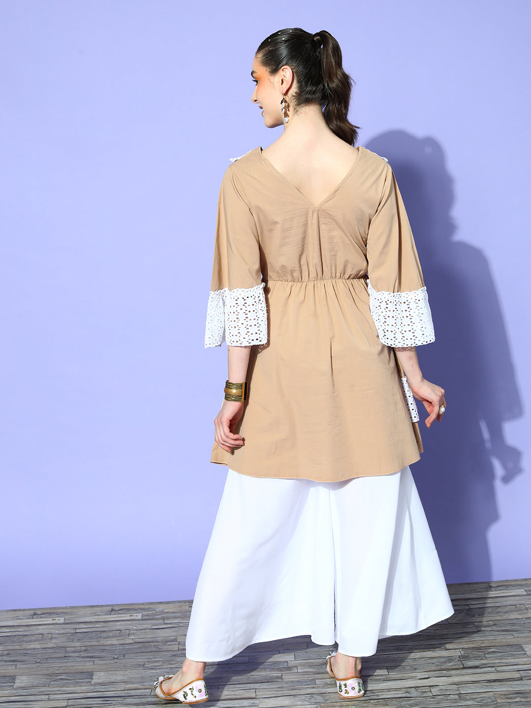 Beige Lacy Work Dress Palazzo Co-Ord Set