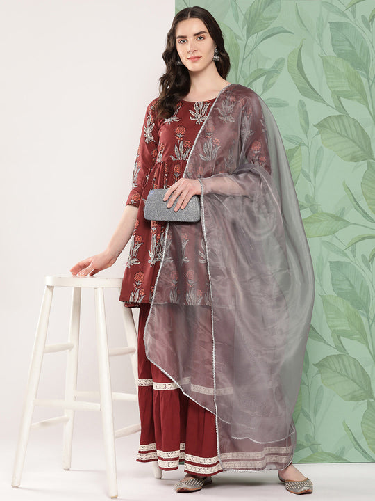 Brick Rust Boota Sharara Set With Dupatta