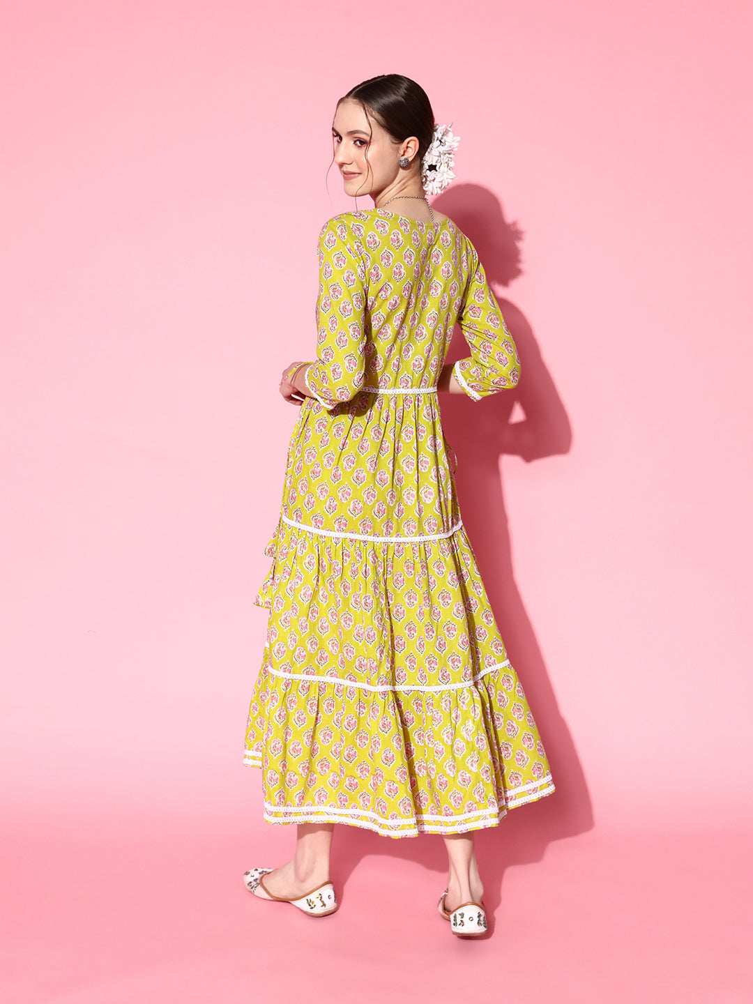 YELLOW FLORAL PRINT TIERED DRESS WITH LACE