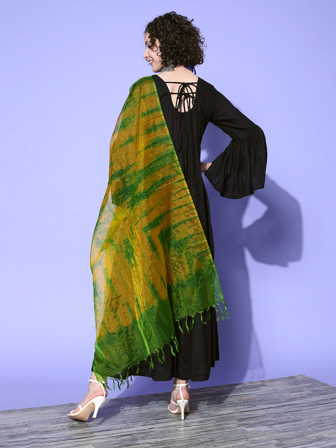 Solid Black Long Dress With Mustard Green Dupatta - InWeave Solid Black Long Dress With Mustard Green Dupatta - InWeave
